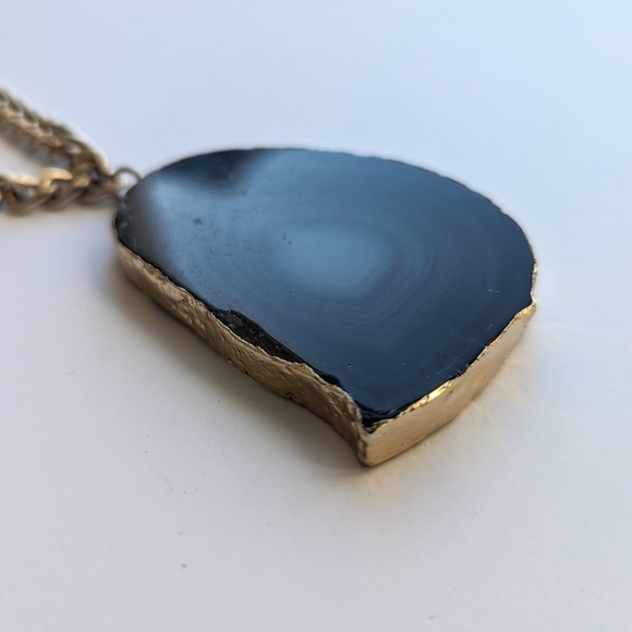 Express Tan Sliced Agate Large Stone Necklace Thick Gold Tone Chain Gold Edging - Picture 5 of 10